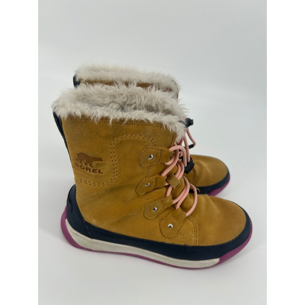 Sorel Whitney II Short Lace Kids Size 3 Tan Navy Pink Excellent Waterproof Boots